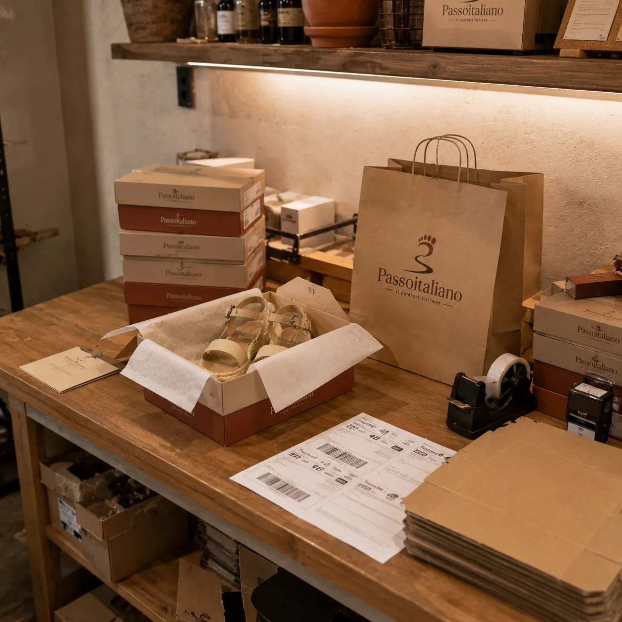 Area packaging Passoitaliano — scatole brandizzate e shopper kraft